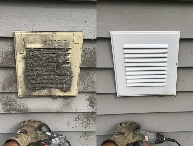 Wilmington Dryer Vent Cleaning technician installing high-quality dryer vent cover at a residential property in Wilmington